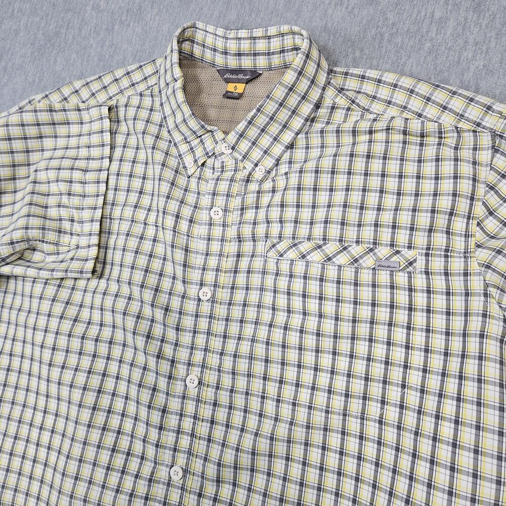 Eddie Bauer Shirt Mens XLT Travex Gray Yellow Plaid Short Sleeve Button Down